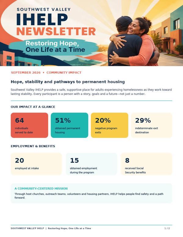 Southwest Valley IHELP Newsletter, September 2026: Restoring hope, one life at a time. 64 individuals served to date; 51% obtained permanent housing; 20% negative program exits; 29% indeterminate exit destination. 20 employed at intake, 15 obtained employment during the program, 8 received Social Security benefits.