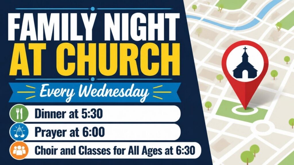 Family Night at Church, every Wednesday: dinner at 5:30, prayer at 6:00, choir and classes for all ages at 6:30.