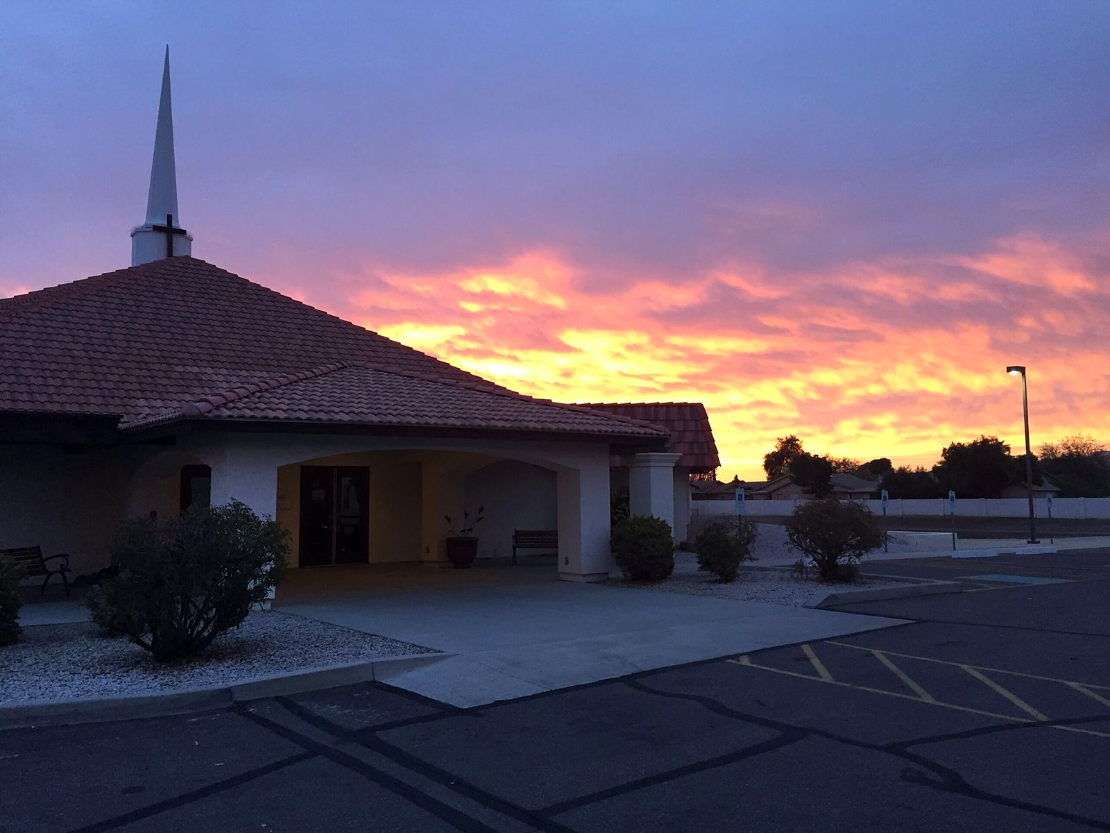 The church entrance at dusk