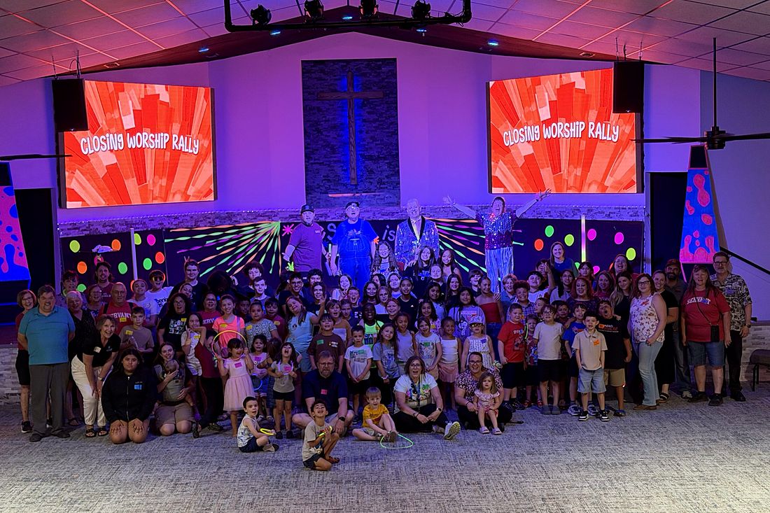 A big group of kids and leaders at the VBS closing rally