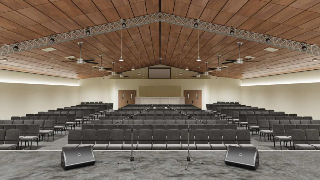Design rendering of the refreshed sanctuary with a new stage and lighting